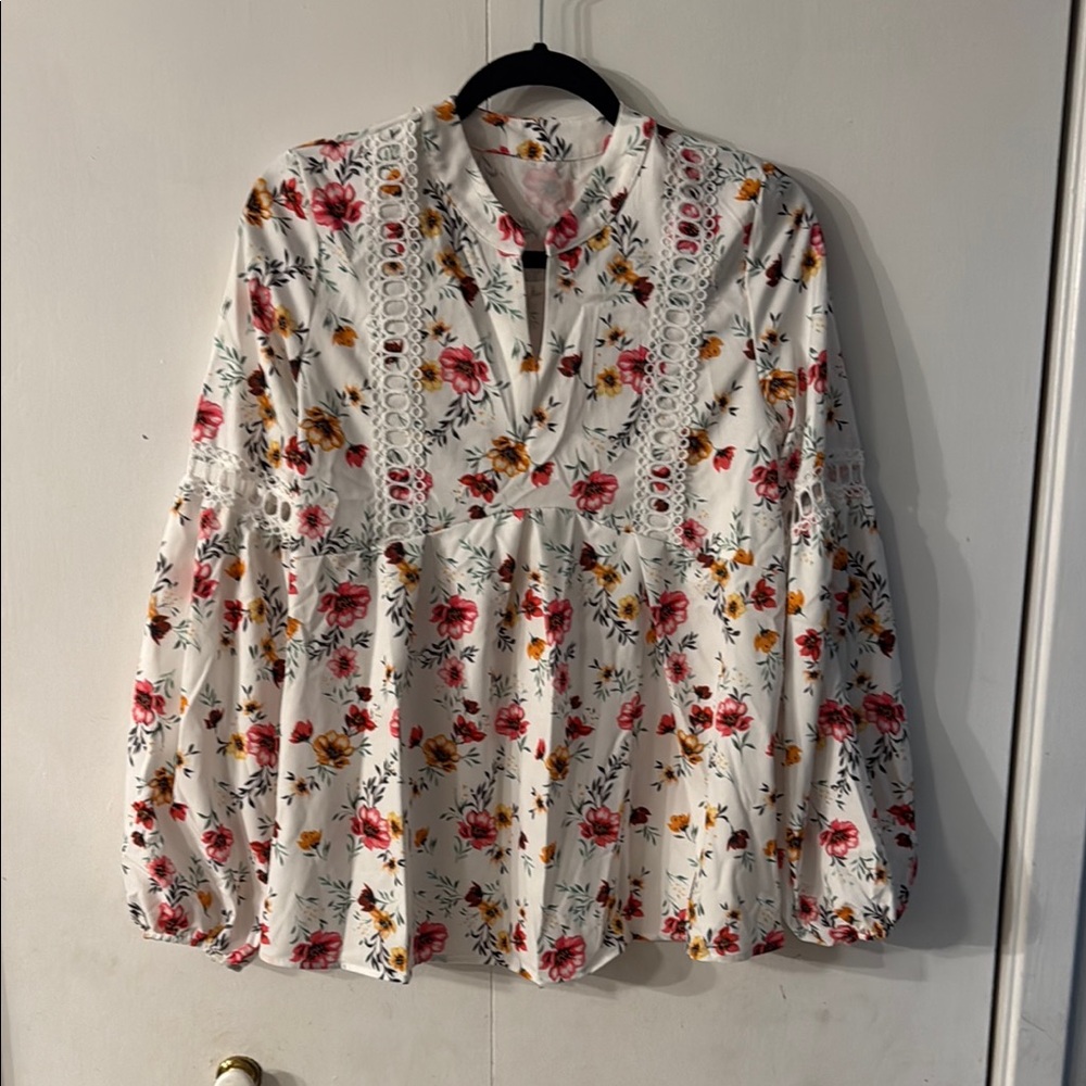 Floral Lace Trim Blouse - White and Pink